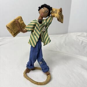 Vintage Folk Art Newspaper Vendor Doll Handmade Textile Figure Unique Piece